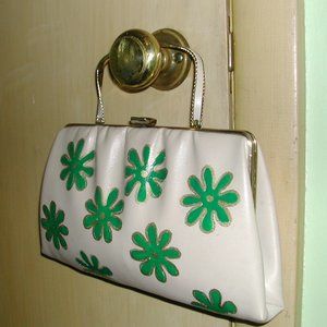 Vintage Beige Vinyl Handbag with Hand Painted Green and Gold Flowers
